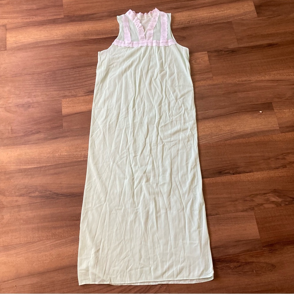 1960s Mint Green Coquette Long Night gown Slip Sz M